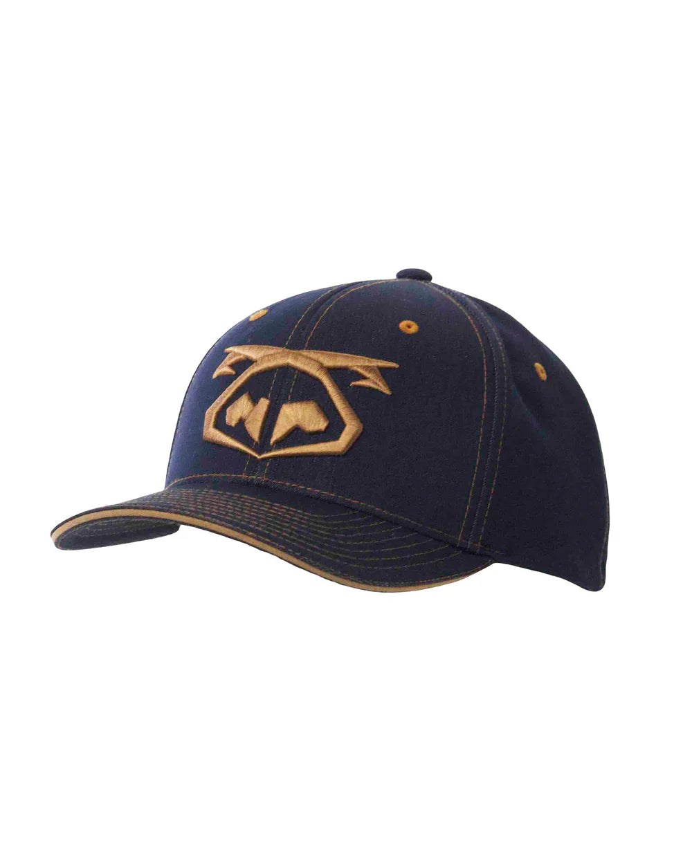 Dark blue denim snout 2-tone cap with gold embroidered logo and matching gold stitching on the brim