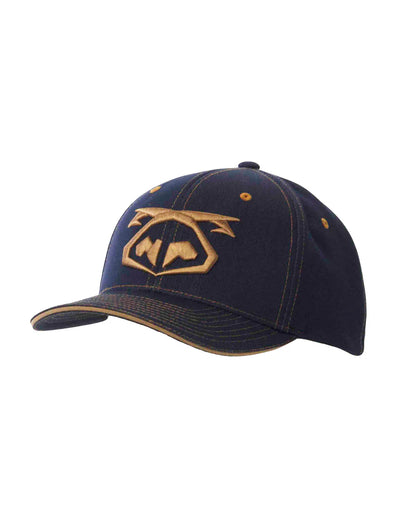 Dark blue denim snout 2-tone cap with gold embroidered logo and matching gold stitching on the brim