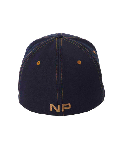 Back view of dark blue denim snout 2-tone cap with gold stitching and embroidered np logo on the back
