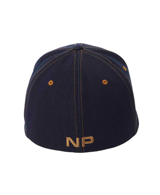 Back view of dark blue denim snout 2-tone cap with gold stitching and embroidered np logo on the back