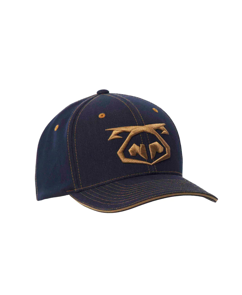Dark blue denim snout 2-tone cap with gold embroidered logo on front made from durable denim material