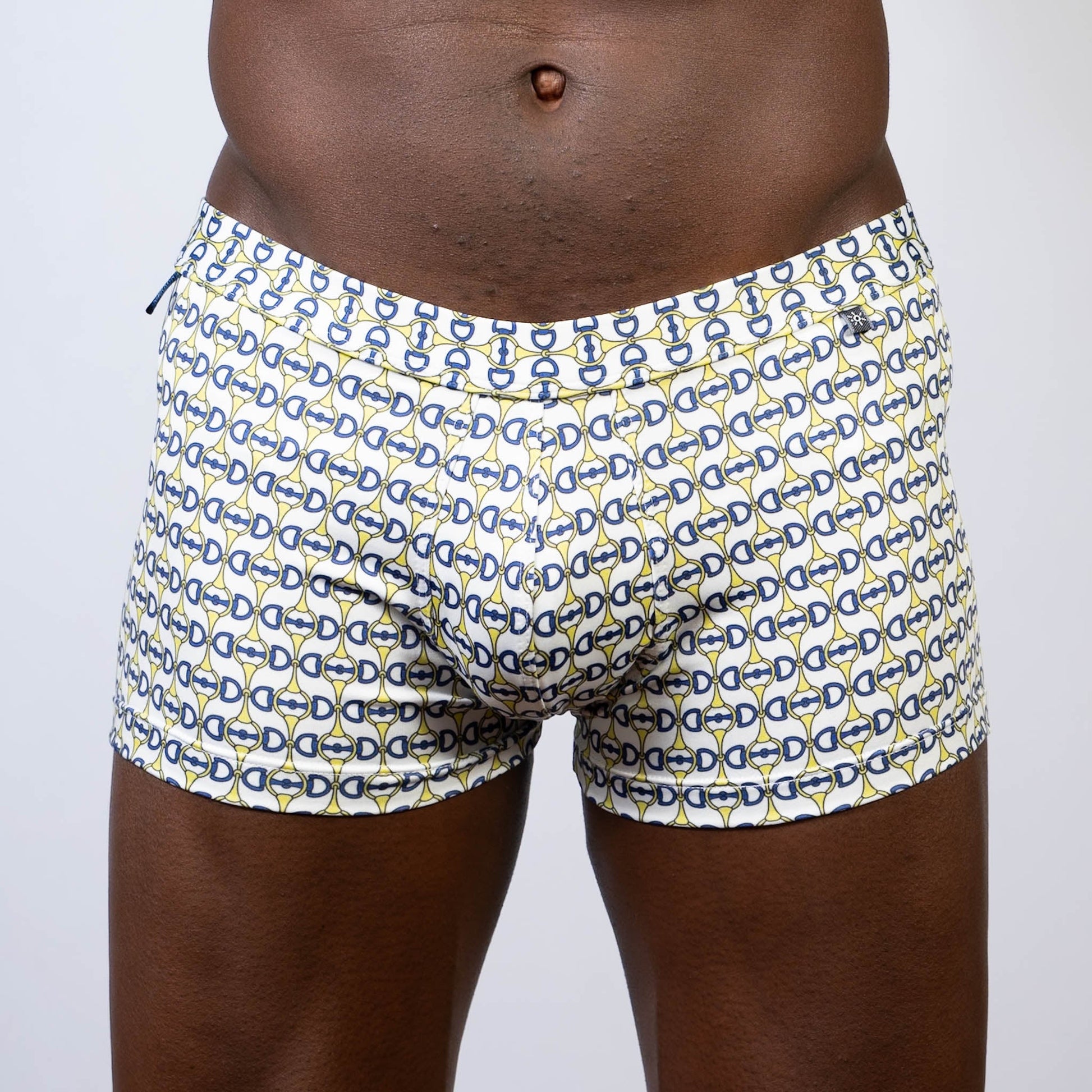 Designer buckle print sq cut trunk white boxer briefs with navy blue and yellow horseshoe pattern