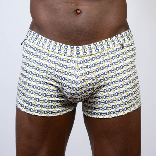 Designer buckle print sq cut trunk white boxer briefs with navy blue and yellow horseshoe pattern