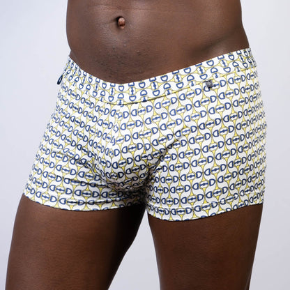 White boxer briefs designer buckle print sq cut trunk with navy blue and yellow interlocking d-shaped links pattern