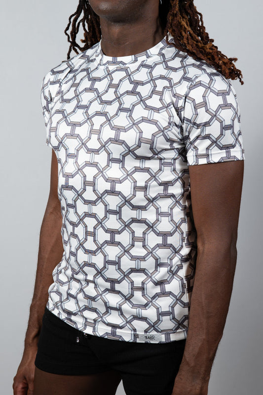White short-sleeved rash guard with geometric gray pattern designer inspired print tee for active wear