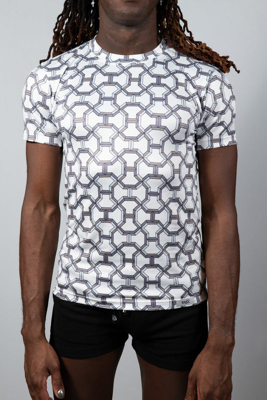 White short-sleeved rash guard with black and gray geometric chain-link pattern inspired by designer print tee