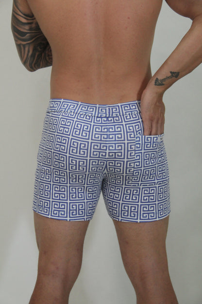 Designer print linen texture shorts in blue and white geometric pattern swim trunks for casual beachwear