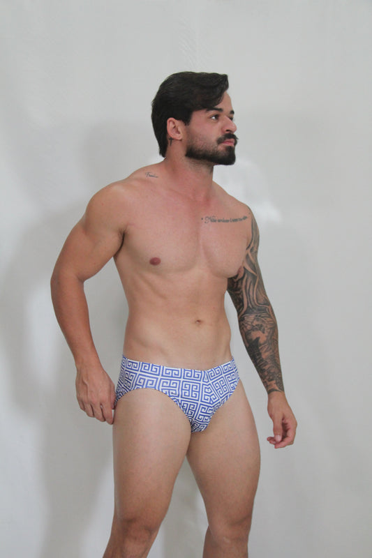 Designer print swim brief in blue and white geometric pattern made from quick-dry fabric for swimming and beachwear