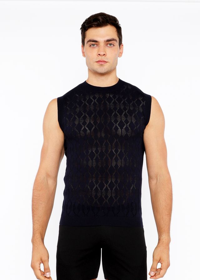 Black sleeveless knit vest with subtle diamond pointelle texture perfect for layering or casual wear