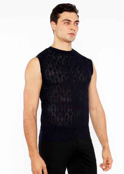 Black sleeveless diamond pointelle knit vest with textured diamond pattern made from soft knit fabric