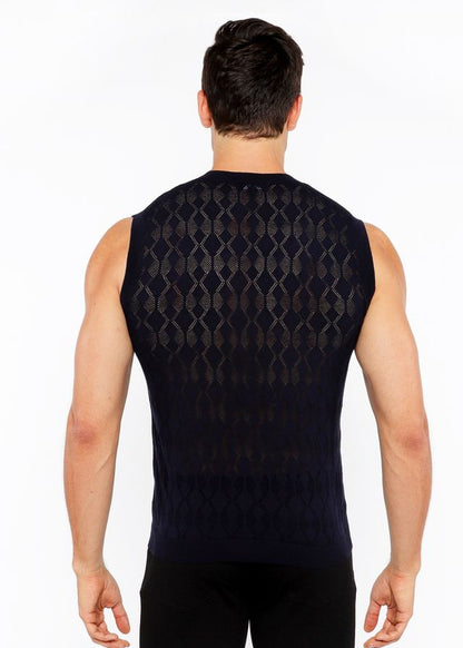 Black sleeveless diamond pointelle knit vest showing textured diamond pattern across the back side