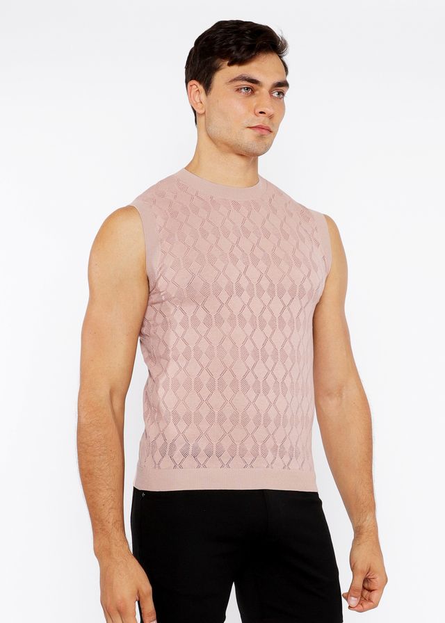 A soft pink sleeveless diamond pointelle knit vest with subtle diamond-patterned texture made of knit fabric