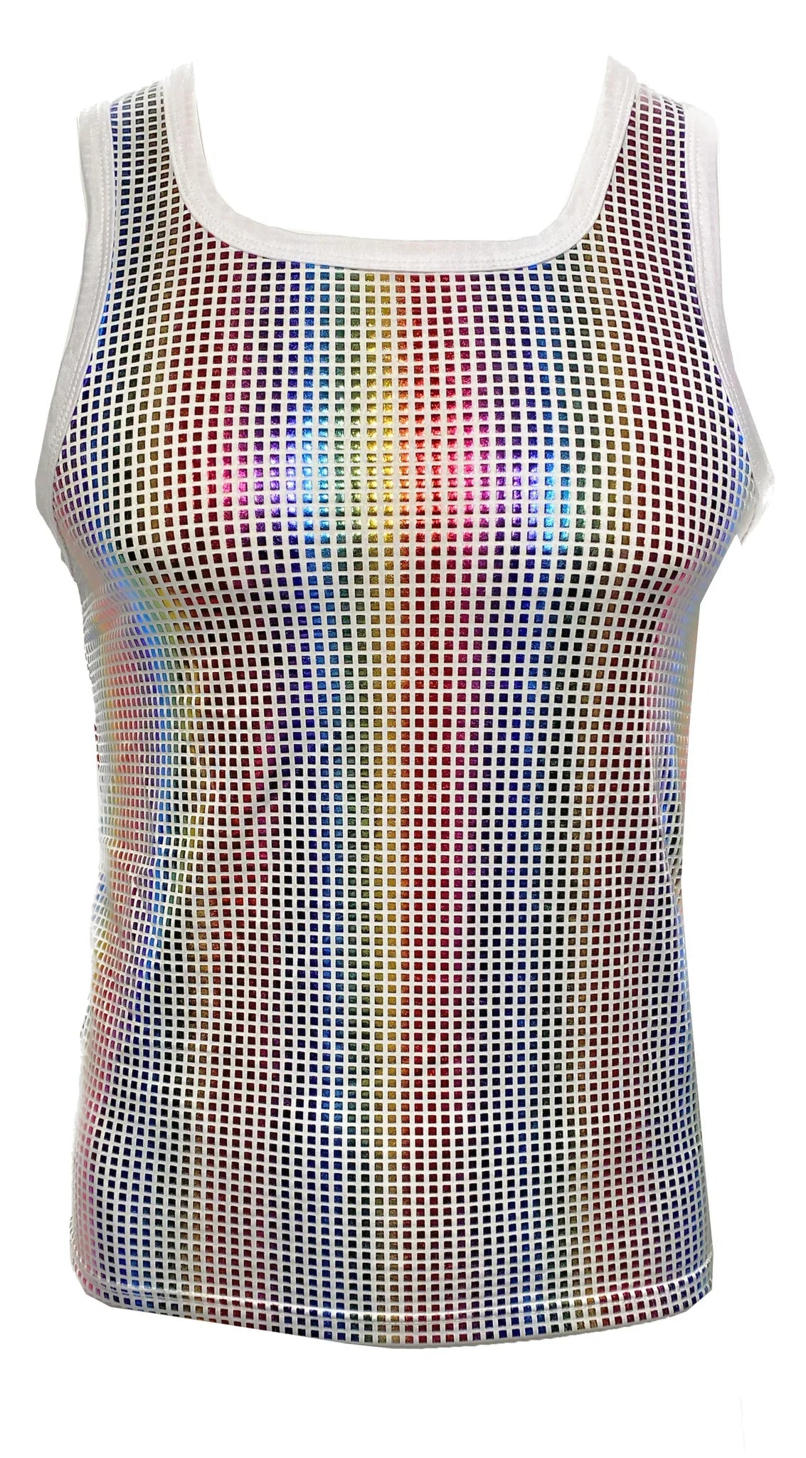 Disco queen tank is a rainbow holographic mesh tank top with white trim perfect for vibrant party outfits