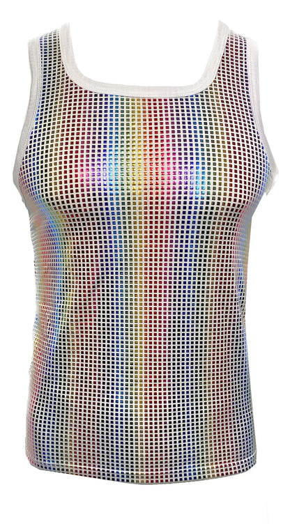 Disco queen tank is a rainbow holographic mesh tank top with white trim perfect for vibrant party outfits