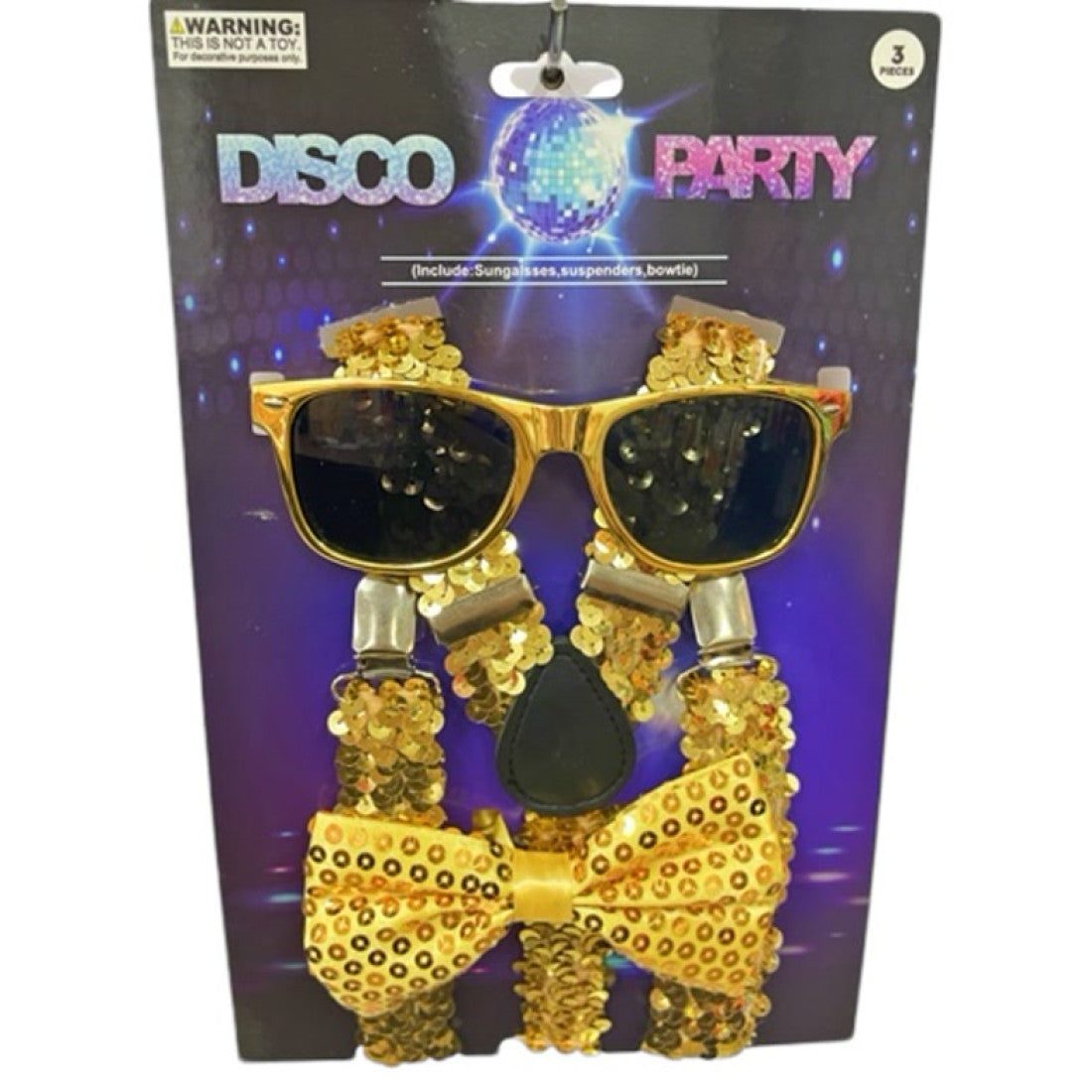 Disco sequin kit gold featuring a gold sequined sunglasses suspenders and bow tie set for party accessories