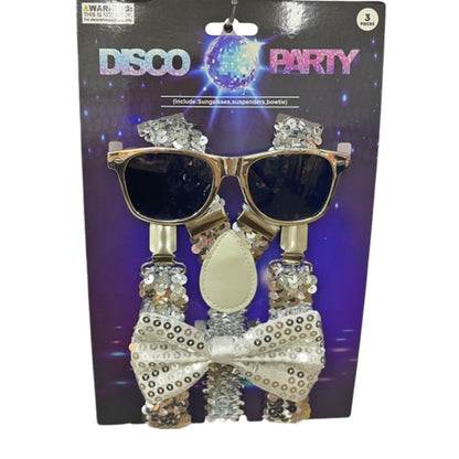 Disco sequin kit silver shiny sequined party accessory set with sunglasses suspenders and bowtie for festive wear