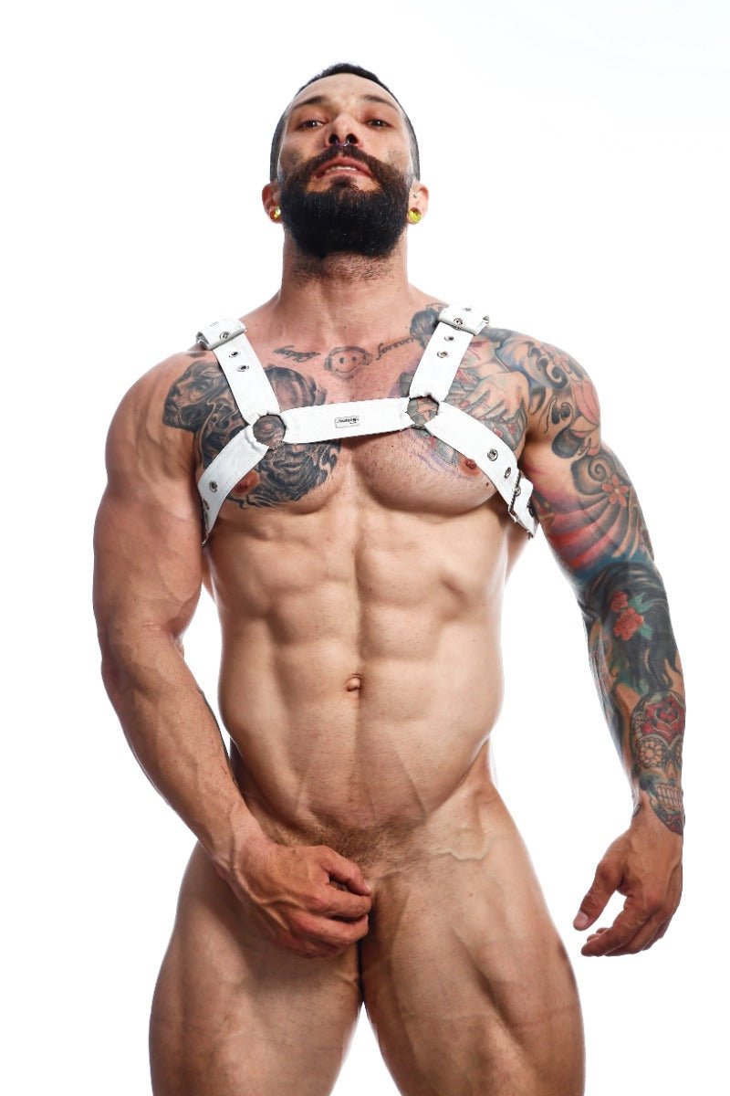 White leather belt harness with silver hardware from dngeon classic belt harness camo collection