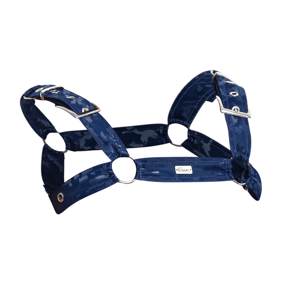 DnGEON classic belt harness camo blue camouflage patterned dog harness with silver toned metal hardware