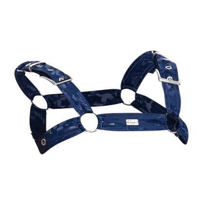DnGEON classic belt harness camo blue camouflage patterned dog harness with silver toned metal hardware