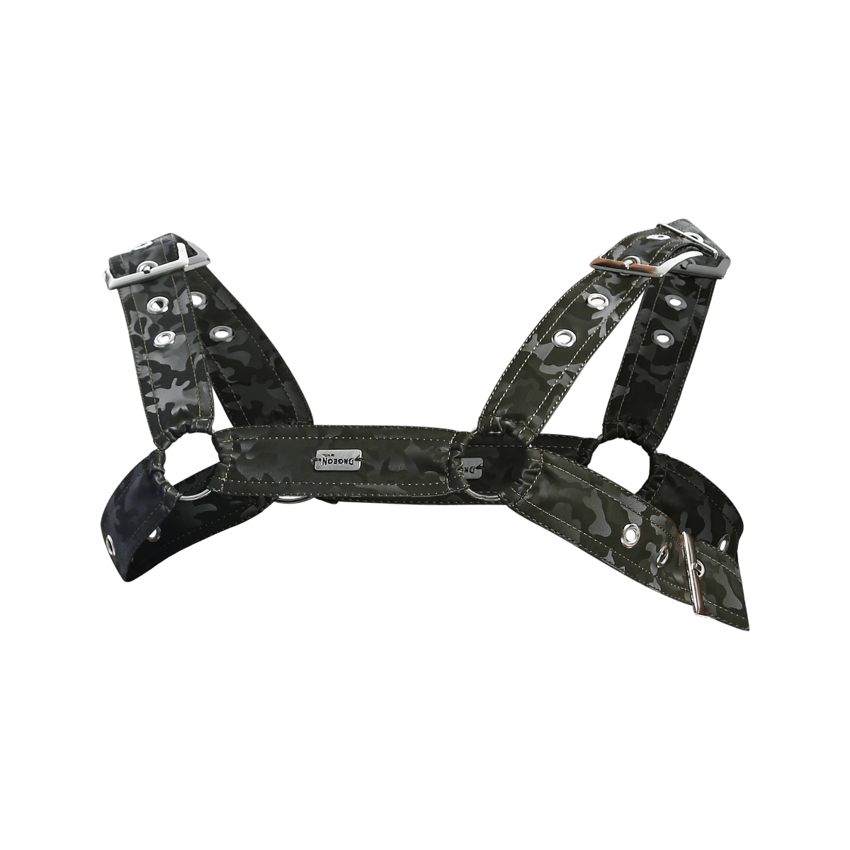 Dngeon classic belt harness camo in black camouflage fabric with silver metal hardware and adjustable straps visible