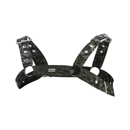 Dngeon classic belt harness camo in black camouflage fabric with silver metal hardware and adjustable straps visible