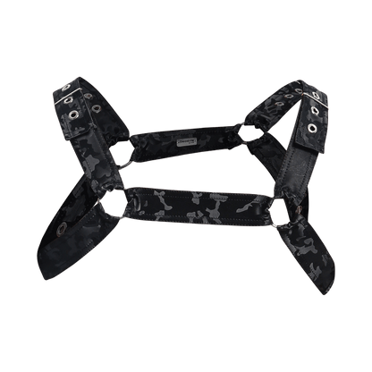 Dngeon classic belt harness camo with black camouflage pattern silver metal eyelets and adjustable straps