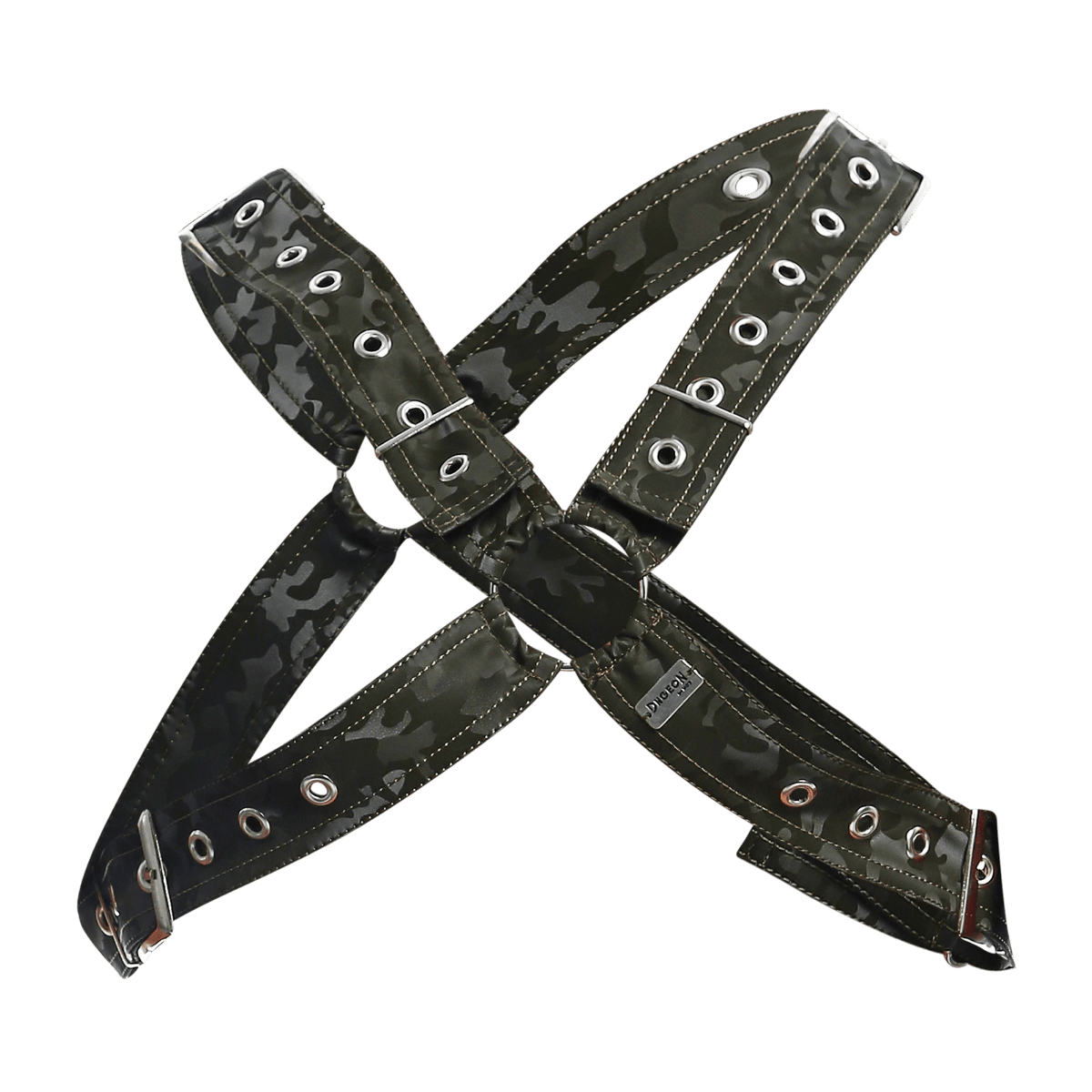 Dngeon classic cross harness camo with black camouflage pattern silver-toned metal hardware and eyelets