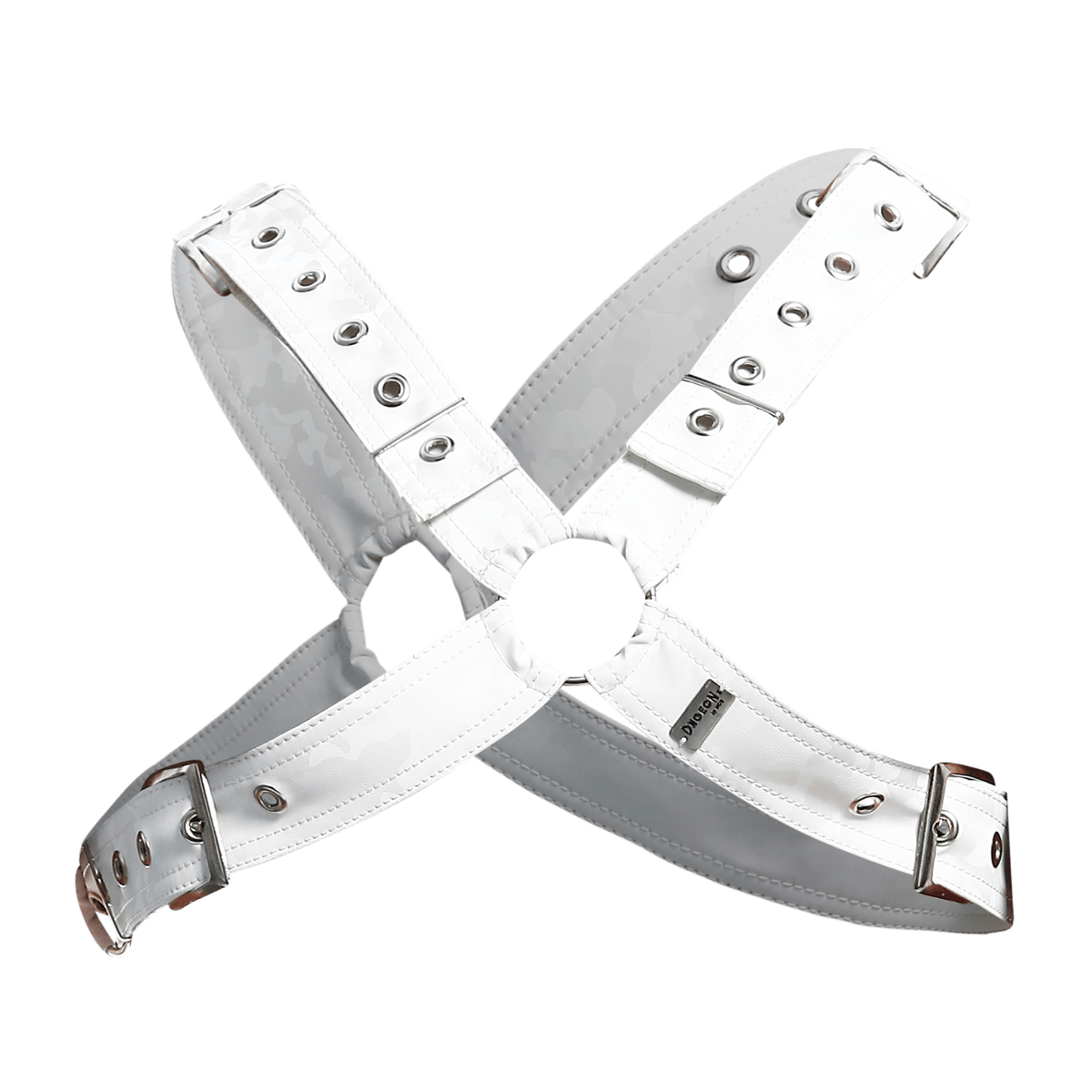 Dngeon classic cross harness in white patent leather with silver metal hardware and adjustable buckles