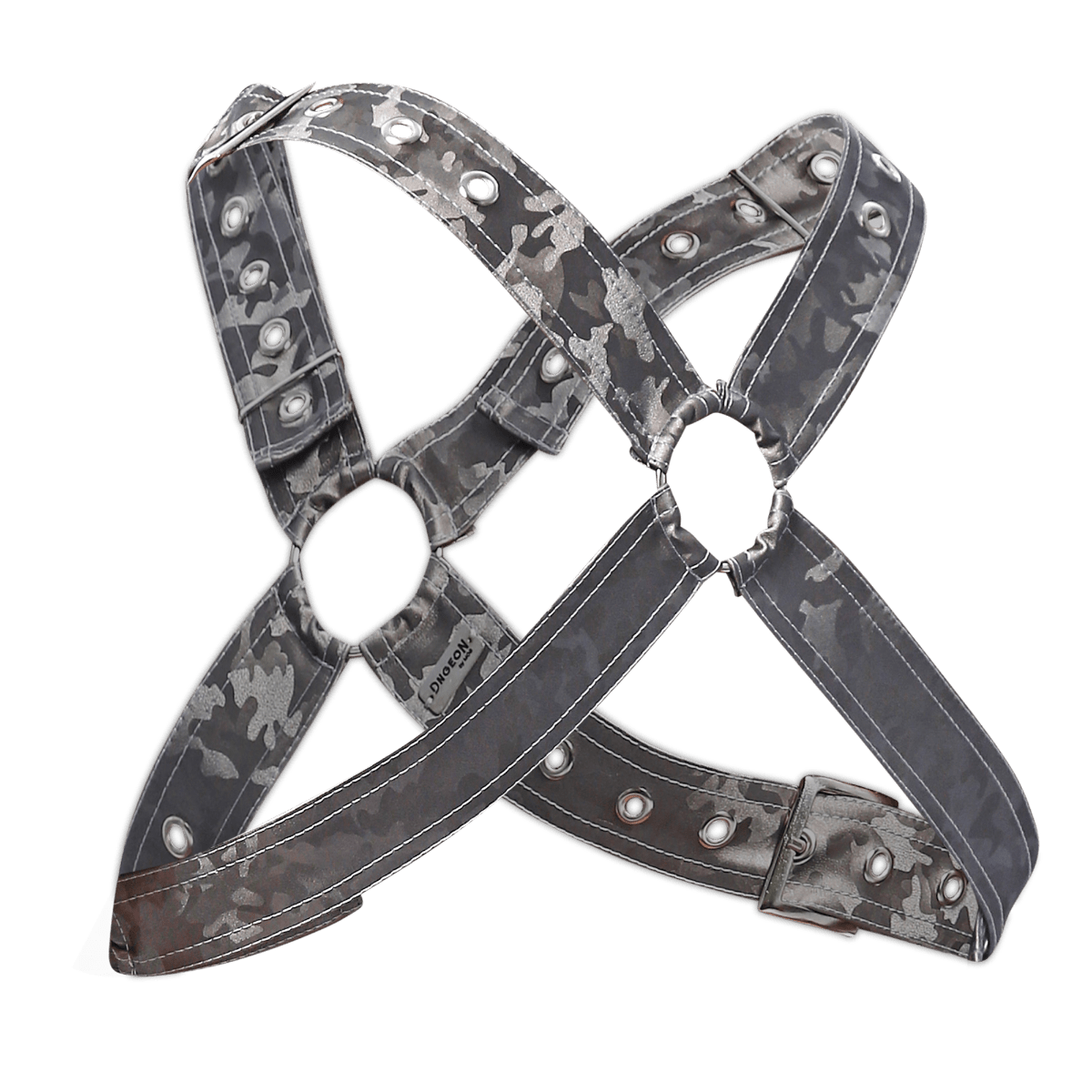 Dngeon classic cross harness camo in gray camouflage pattern with metallic silver hardware and reinforced stitching