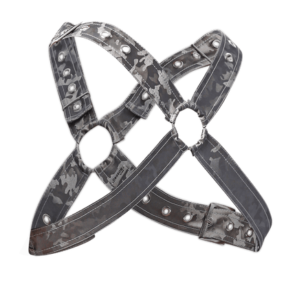 Dngeon classic cross harness camo in gray camouflage pattern with metallic silver hardware and reinforced stitching
