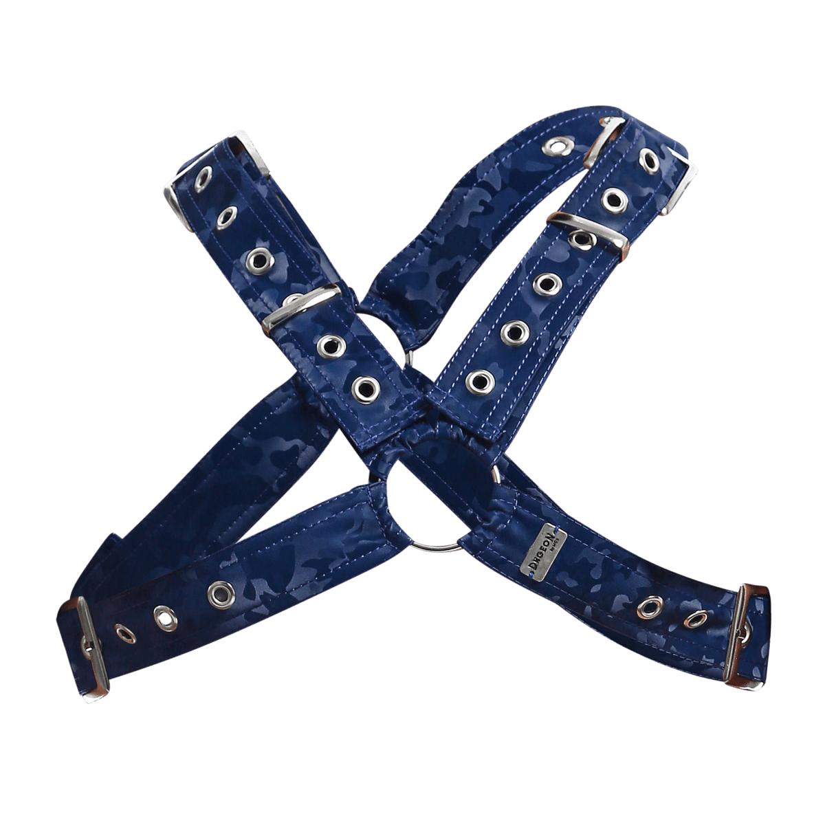 Dngeon classic cross harness camo blue camouflage dog harness with silver metal hardware and adjustable straps