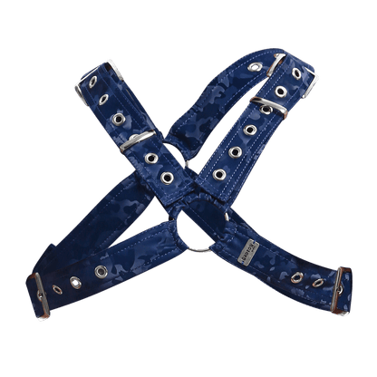 Dngeon classic cross harness camo blue camouflage dog harness with silver metal hardware and adjustable straps