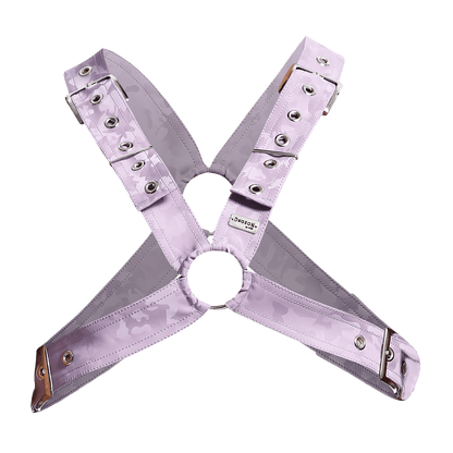 Dngeon classic cross harness in lavender camouflage pattern with silver metal hardware and adjustable straps