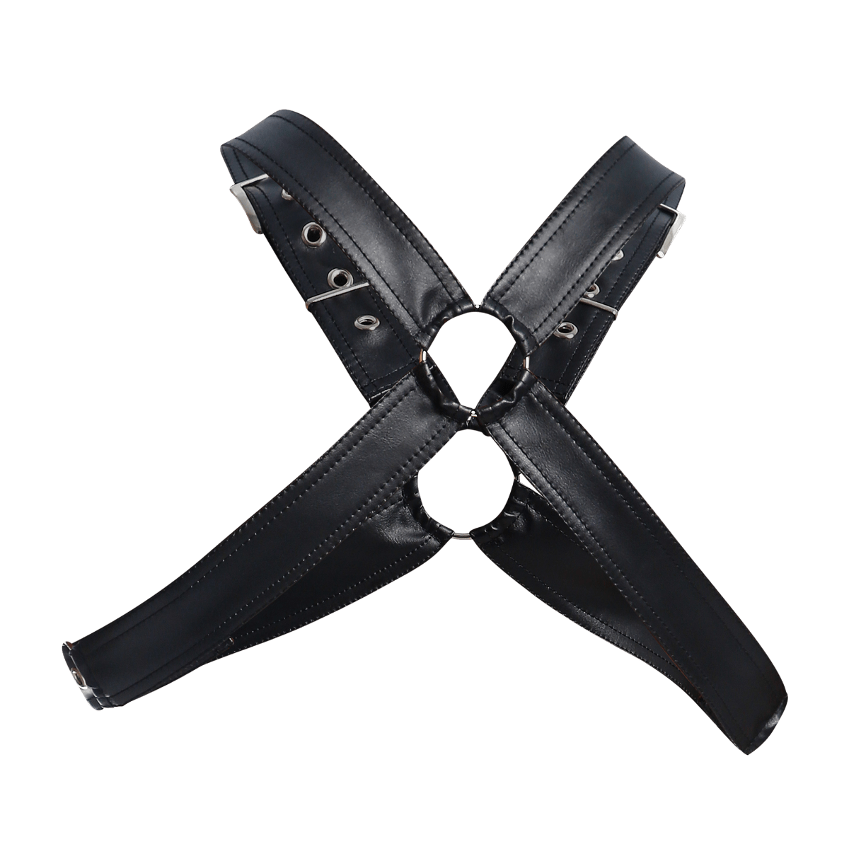 Dngeon classic cross harness camo black leather x-shaped harness with silver-toned metal rings and buckles