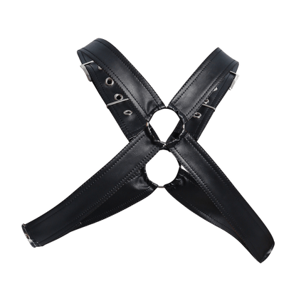 Dngeon classic cross harness camo black leather x-shaped harness with silver-toned metal rings and buckles