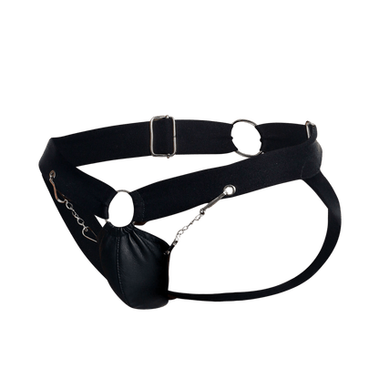 Dngeon chain jockstrap featuring a black leather belt with silver metal hardware and a dangling pouch attached by chains