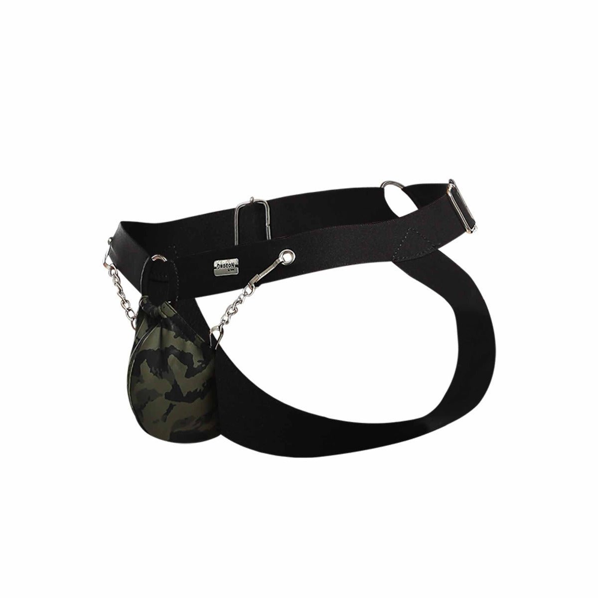 Black elastic dngeon chain jockstrap with camouflage pouch attached by silver chain on the back side