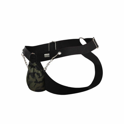 Black elastic dngeon chain jockstrap with camouflage pouch attached by silver chain on the back side