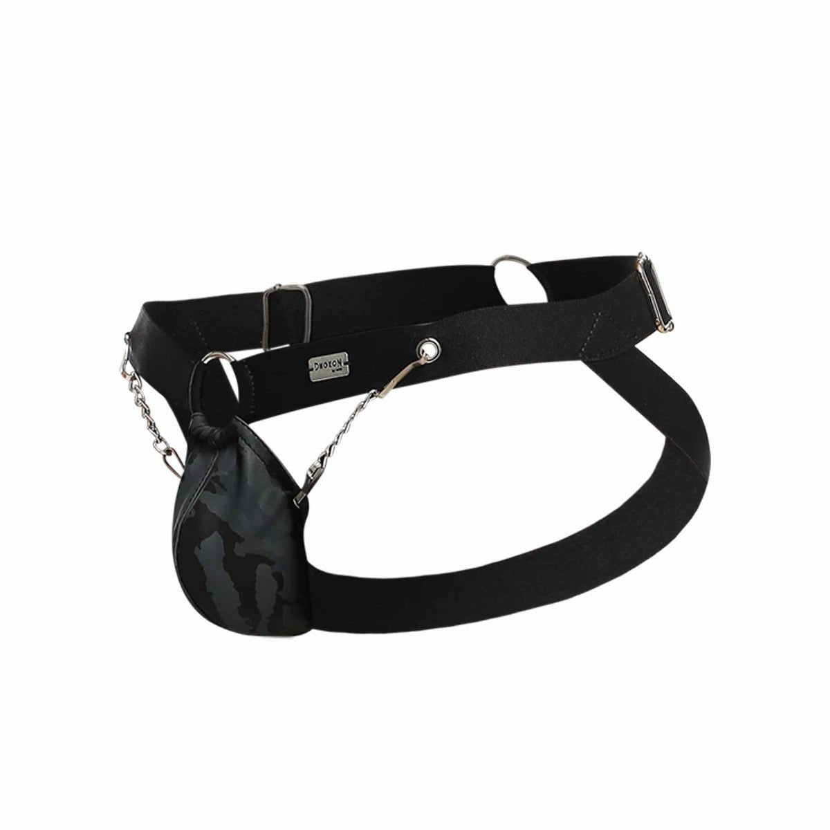 Black elastic dngeon chain jockstrap with a camouflage pouch attached by a silver chain