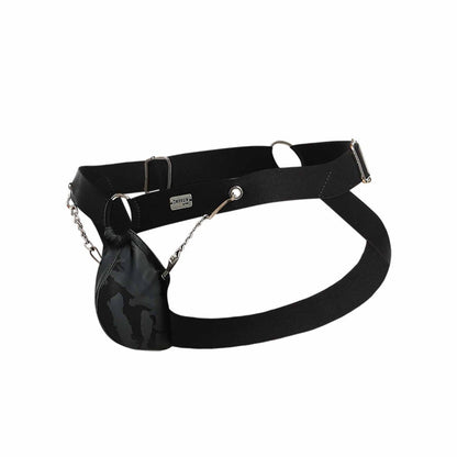 Black elastic dngeon chain jockstrap with a camouflage pouch attached by a silver chain