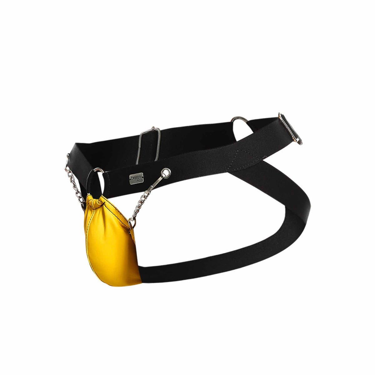 Black leather chain jockstrap with a shiny yellow pouch attached by chains for edgy fashion statements