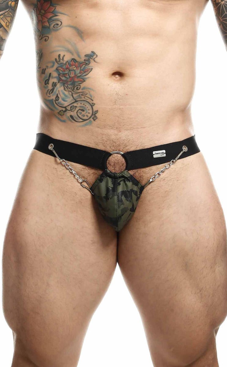 Black leather thong jockstrap with camouflage pouch and silver chain detailing by DNGEON displayed from the back