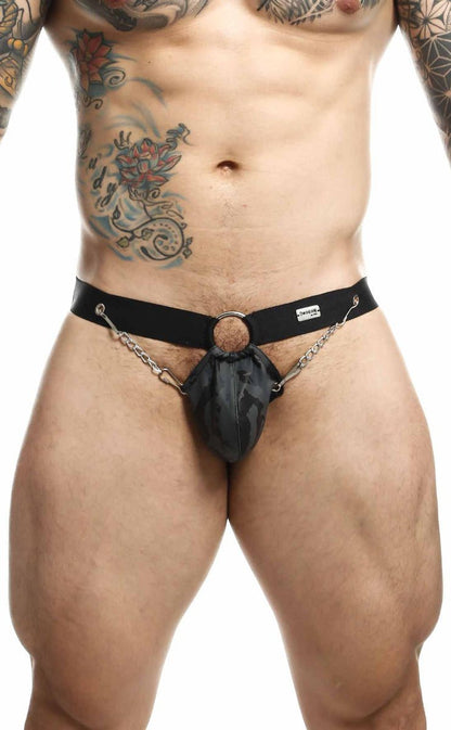 Black leather harness-style briefs with a central ring and attached chains from dngeon chain jockstrap collection