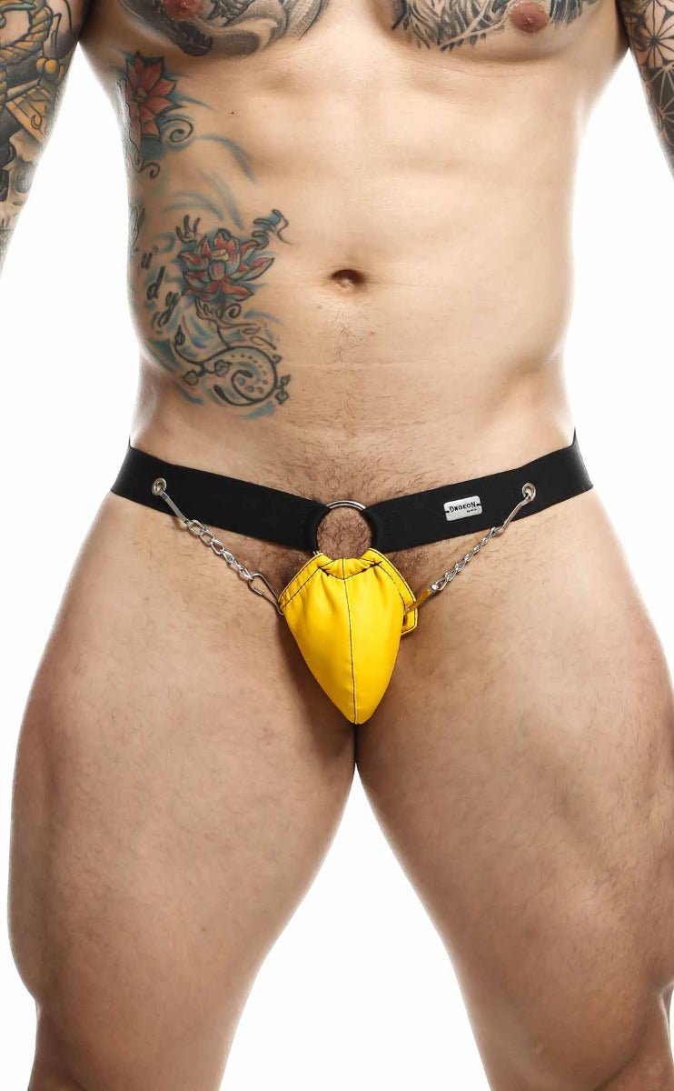 Yellow leather thong jockstrap with black waistband and chain detailing by dngeon shown from the back side