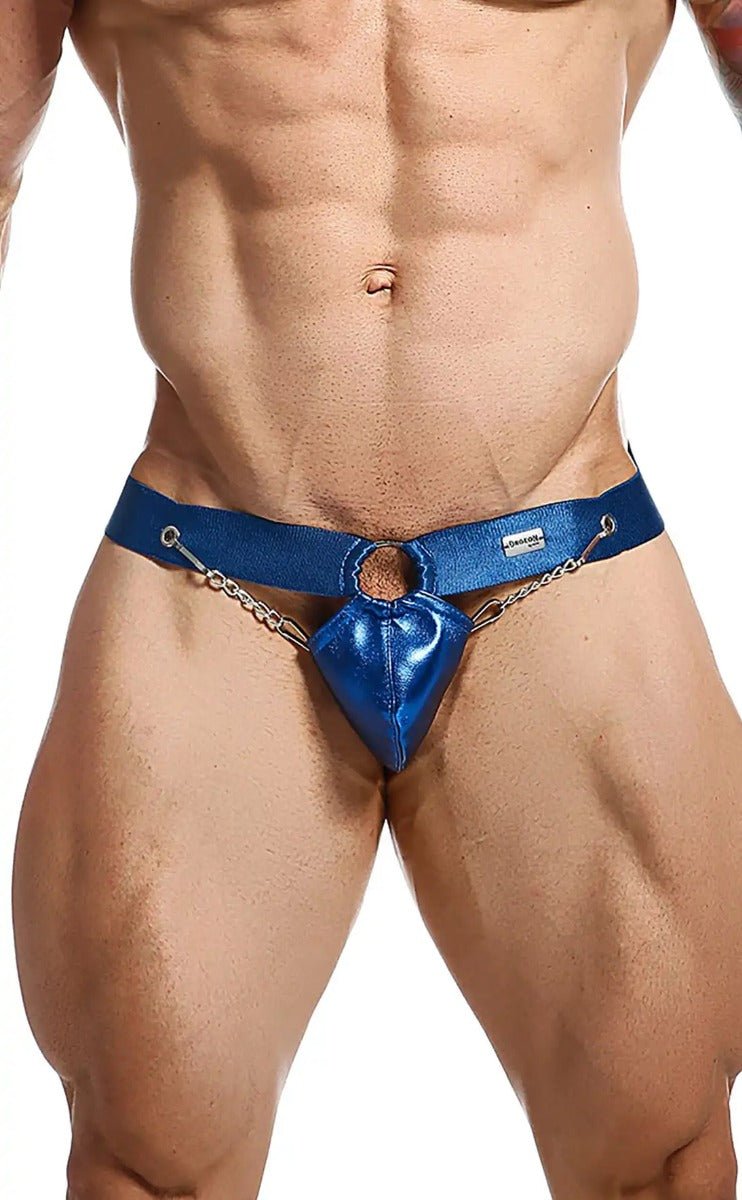 Dngeon chain jockstrap in blue metallic leather with chain detailing and a central circular cutout design