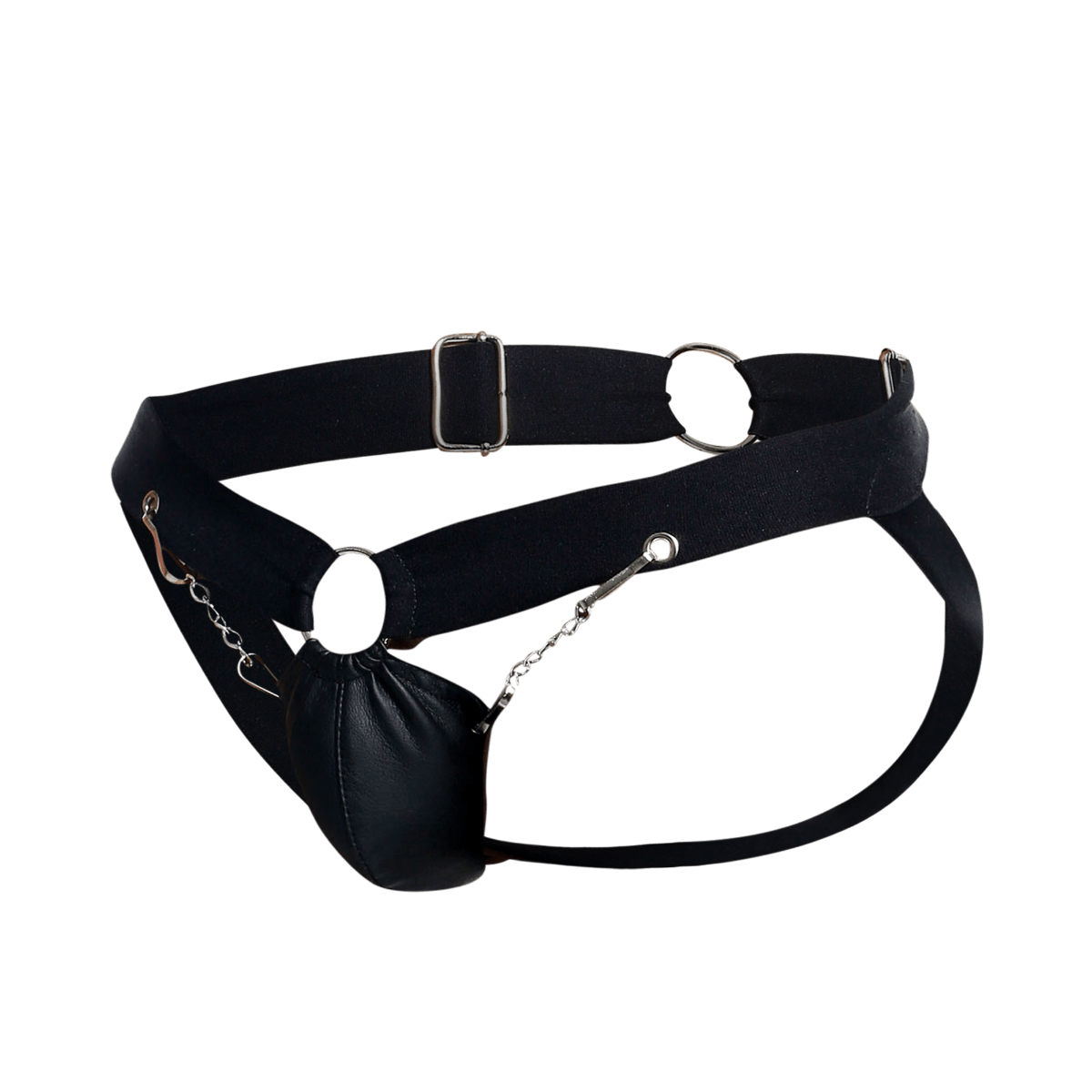 Black leather DNGEON chain jockstrap with silver metal hardware and a dangling pouch