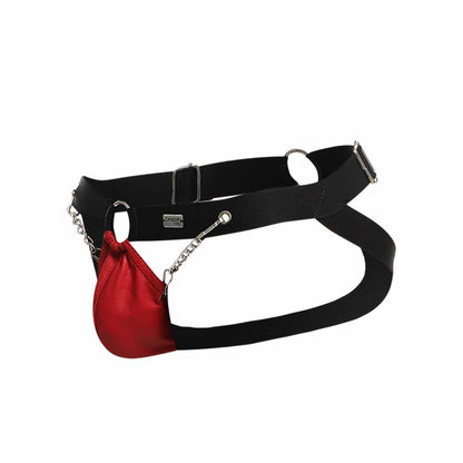 Black leather harness with vibrant red satin pouch attached by silver chain for DNGEON chain jockstrap