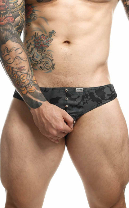 Dngeon cockring jockstrap black with black camouflage briefs featuring silver buttons and a small brand tag