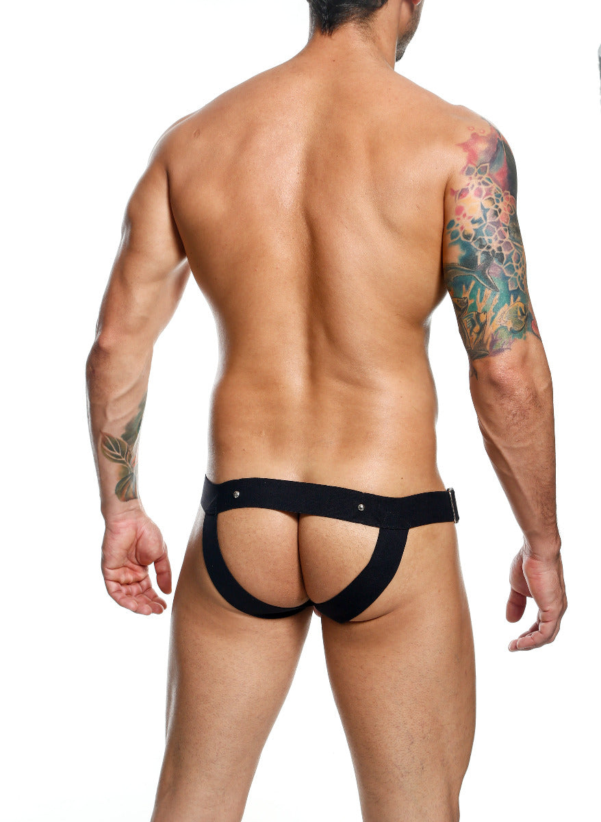 Dngeon cockring jockstrap black sleek form-fitting briefs with wide waistband and silver-toned hardware front view