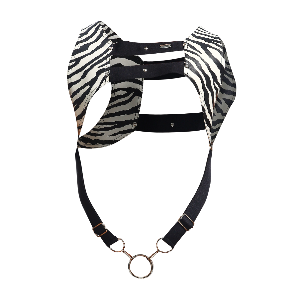 Black leather croptop harness with zebra-print shoulder straps and rose gold metal rings by dngeon